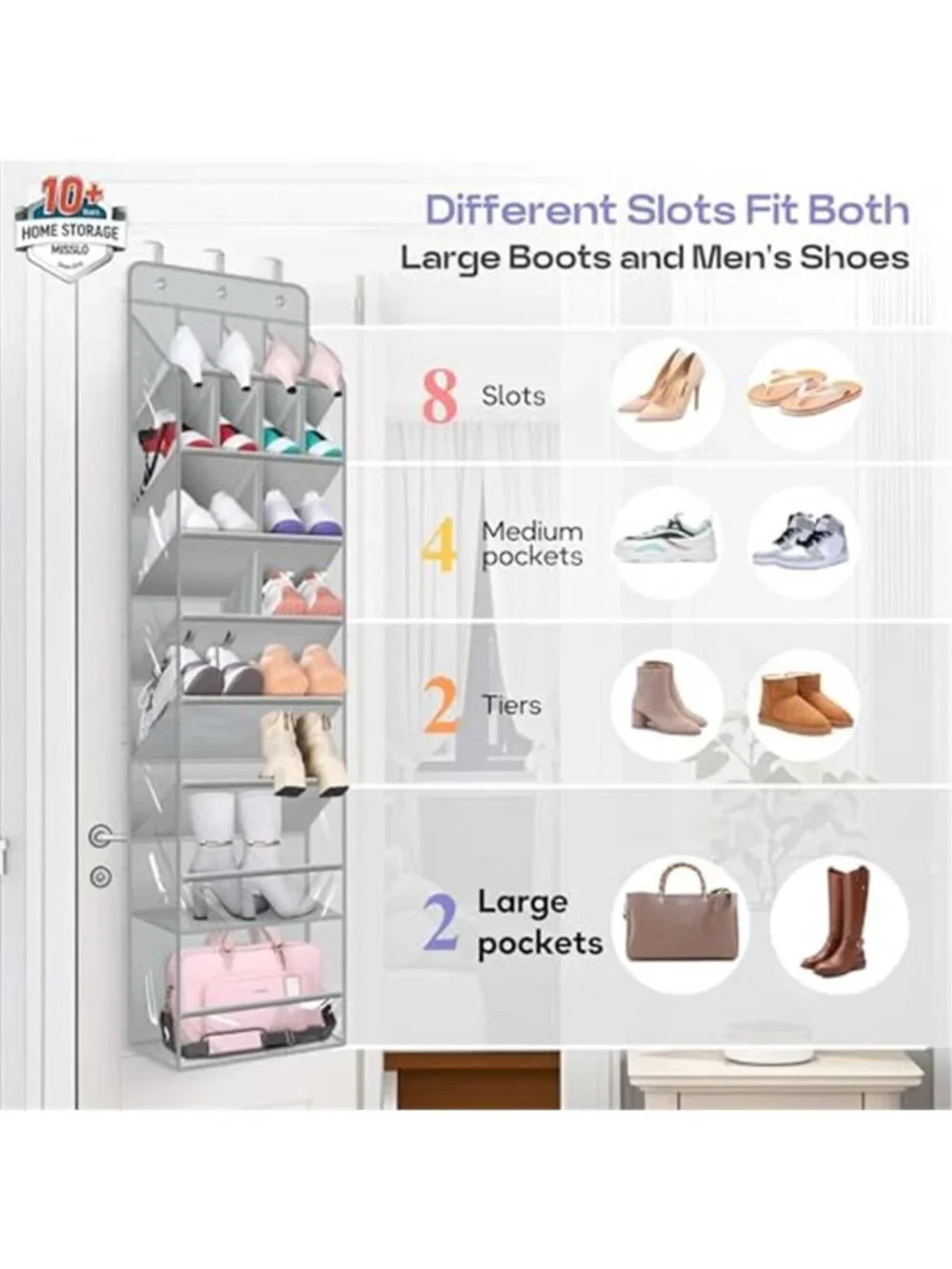 Grey Over Door Shoe Organizer Hanging Storage Rack Boots Closet 20 Pair